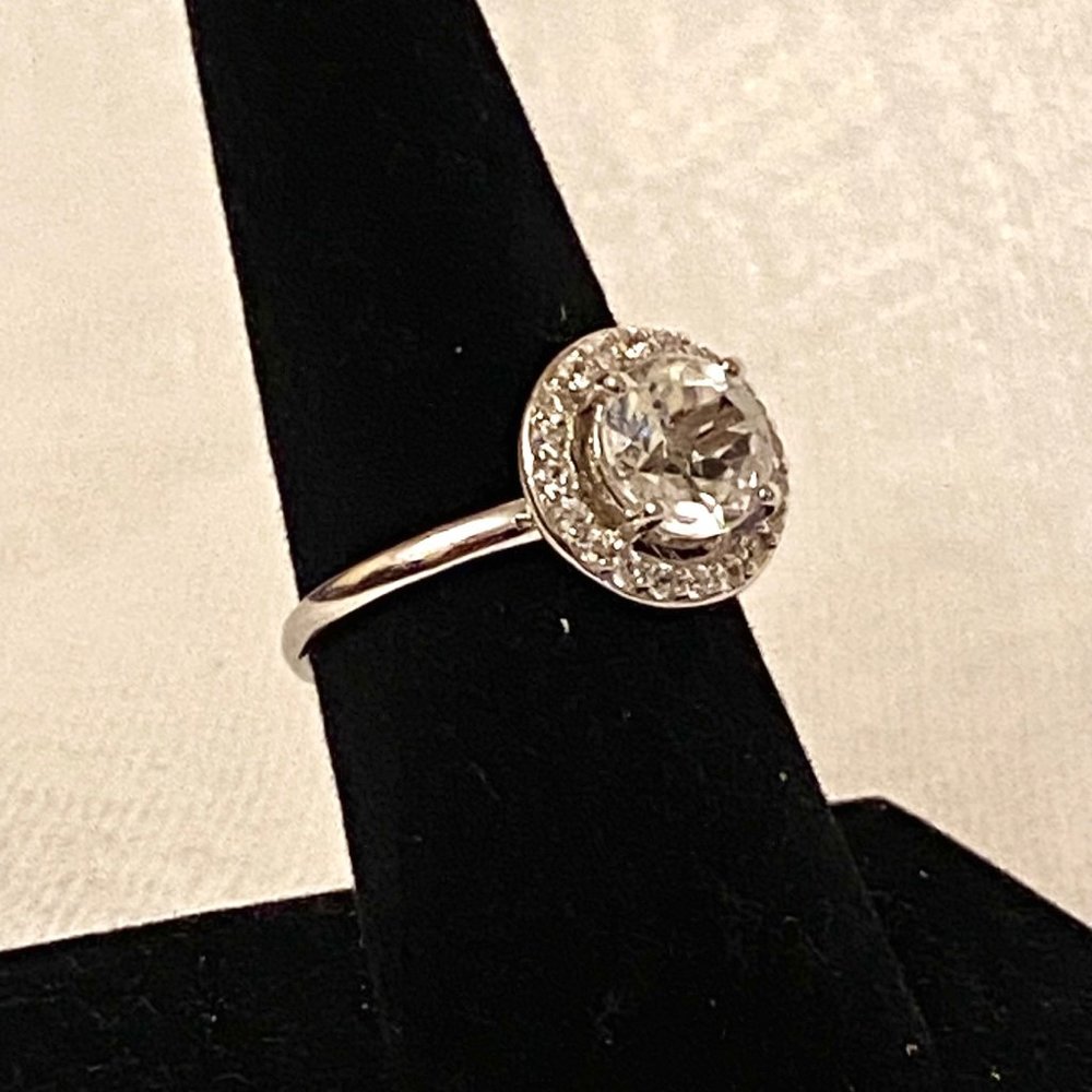Clear Cubic Zirconia with CZ Halo, Sterling Silver Ring, Size 7.75